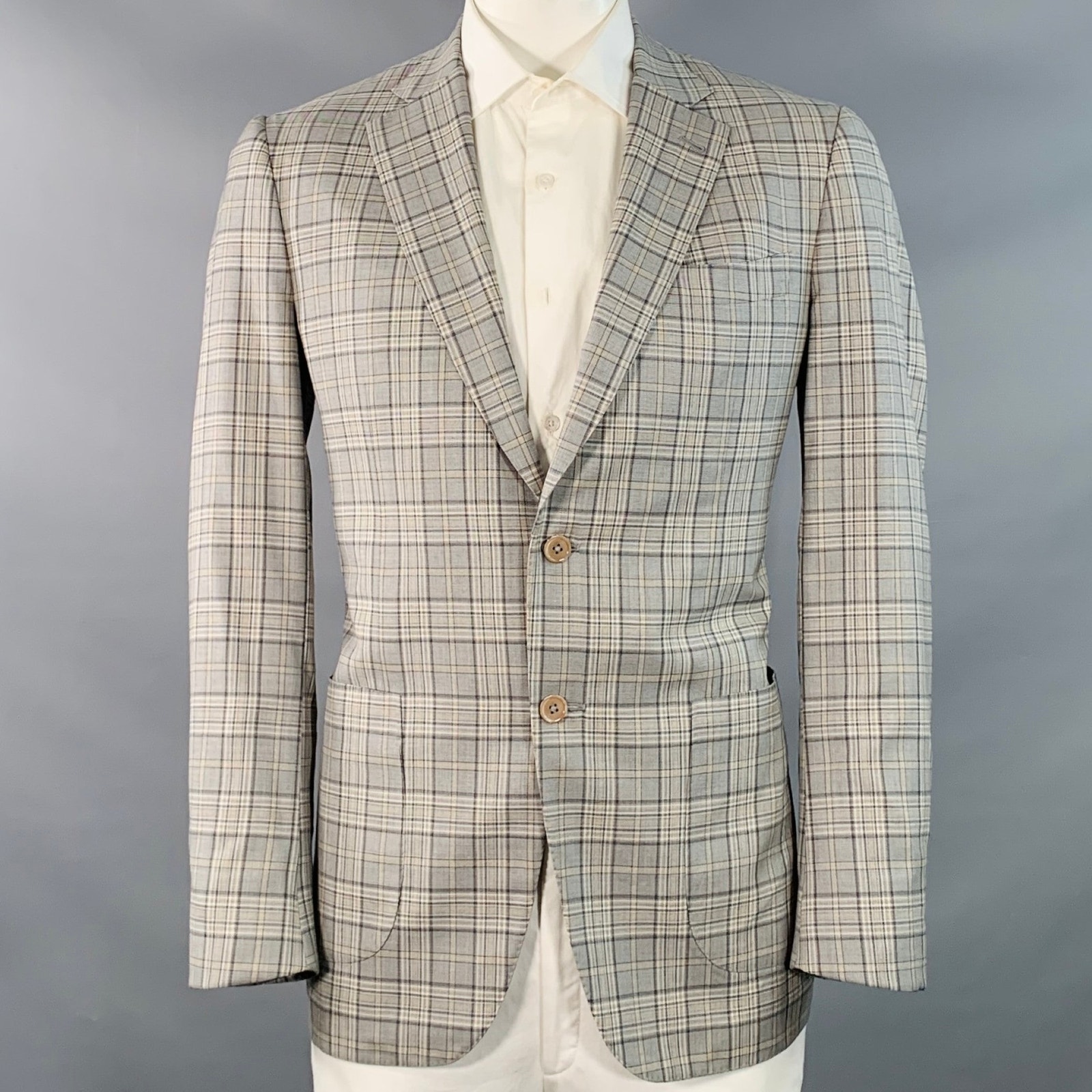 Isaia Size 44 Long Grey Taupe Plaid Wool Notch Lapel Sport Coat
